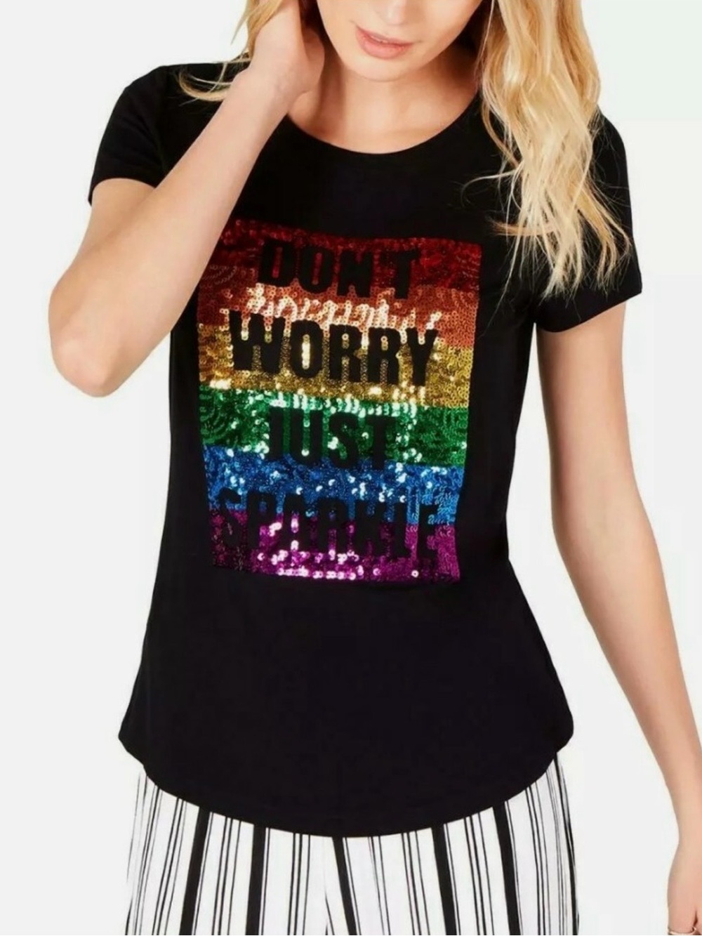 INC International Concepts Black Short-Sleeve Tee w/ Rainbow Sequin Graphic$28